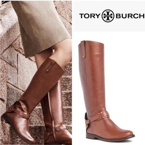 - NEW Tory Burch Derby riding tall knee boots tan brown leather TORY BURCH